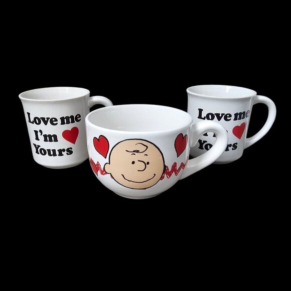 Charlie Brown Peanuts Be Mine Valentine's Day Coffee Cup Mug Hearts 3 Piece Set - Picture 1 of 10